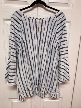 JM Collection Navy and White Striped Bell Sleeve Tunic